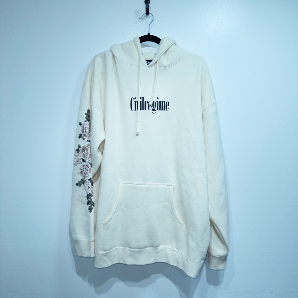 Civil Regime Cream Embroidered Roses Oversized Hooded‎ Sweatshirt Large